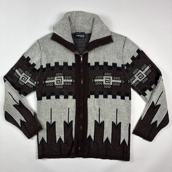 Vintage 70s Women’s Cardigan Sweater L Aztec Print Brown Dimensions Hippie Boho - Picture 1 of 15